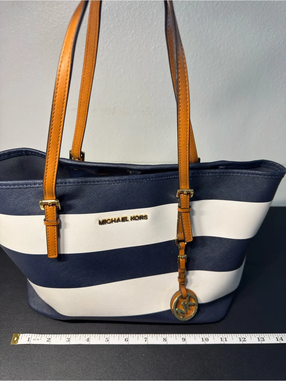Michael Kors Navy & White Stripe Saffiano Tote with Tan Handles